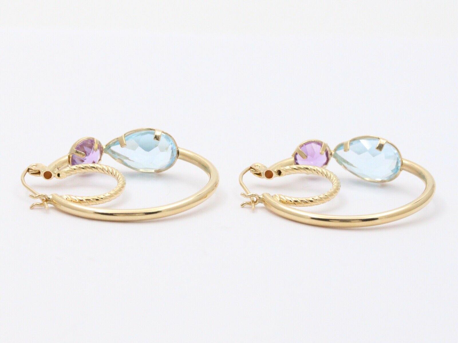 Minimalist 14K Yellow Gold Blue Topaz & Amethyst Huggie Earrings.