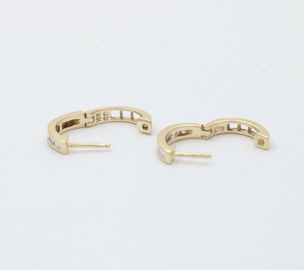 Cute Vintage Huggie Baguette Diamonds 10K Yellow White Gold Earrings