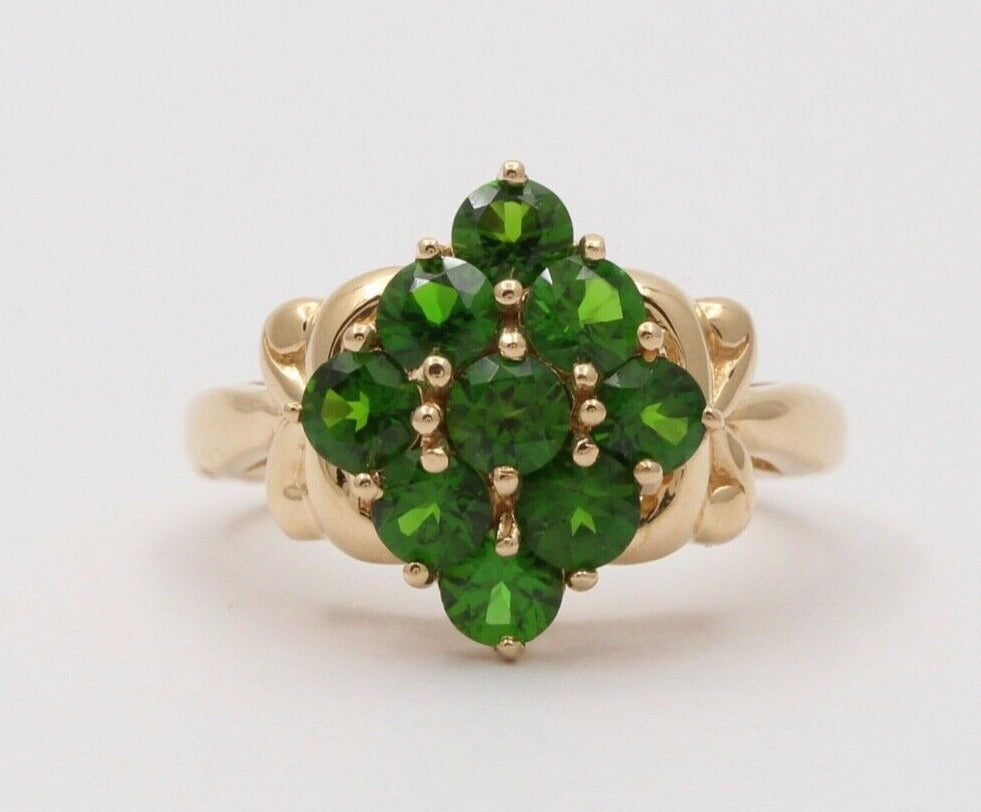Vintage Cluster Green Garnet 14K Yellow Gold Ring