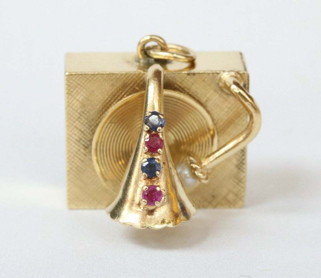 Rare Vintage Phonograph 14K Yellow Gold RubIes Sapphires Pearls Pendant Charm