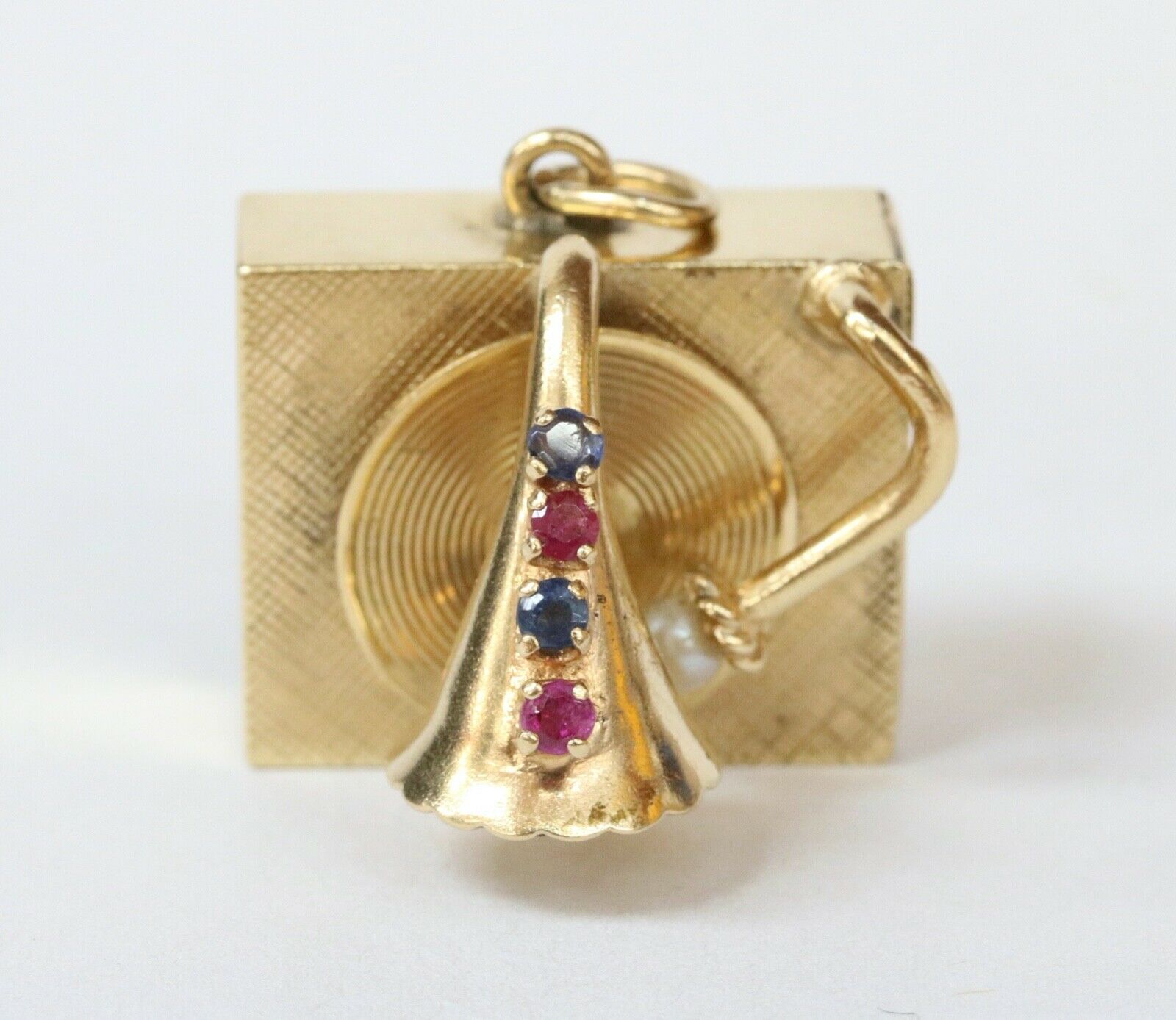 Rare Vintage Phonograph 14K Yellow Gold RubIes Sapphires Pearls Pendant Charm