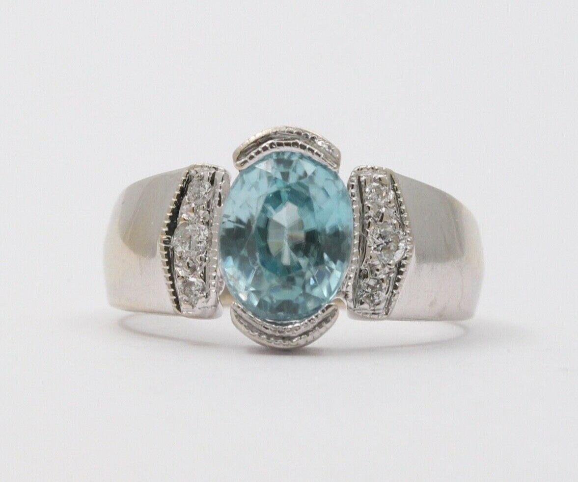 Vintage 14K White Gold Blue Zircon Diamond Ring, Cocktail Ring