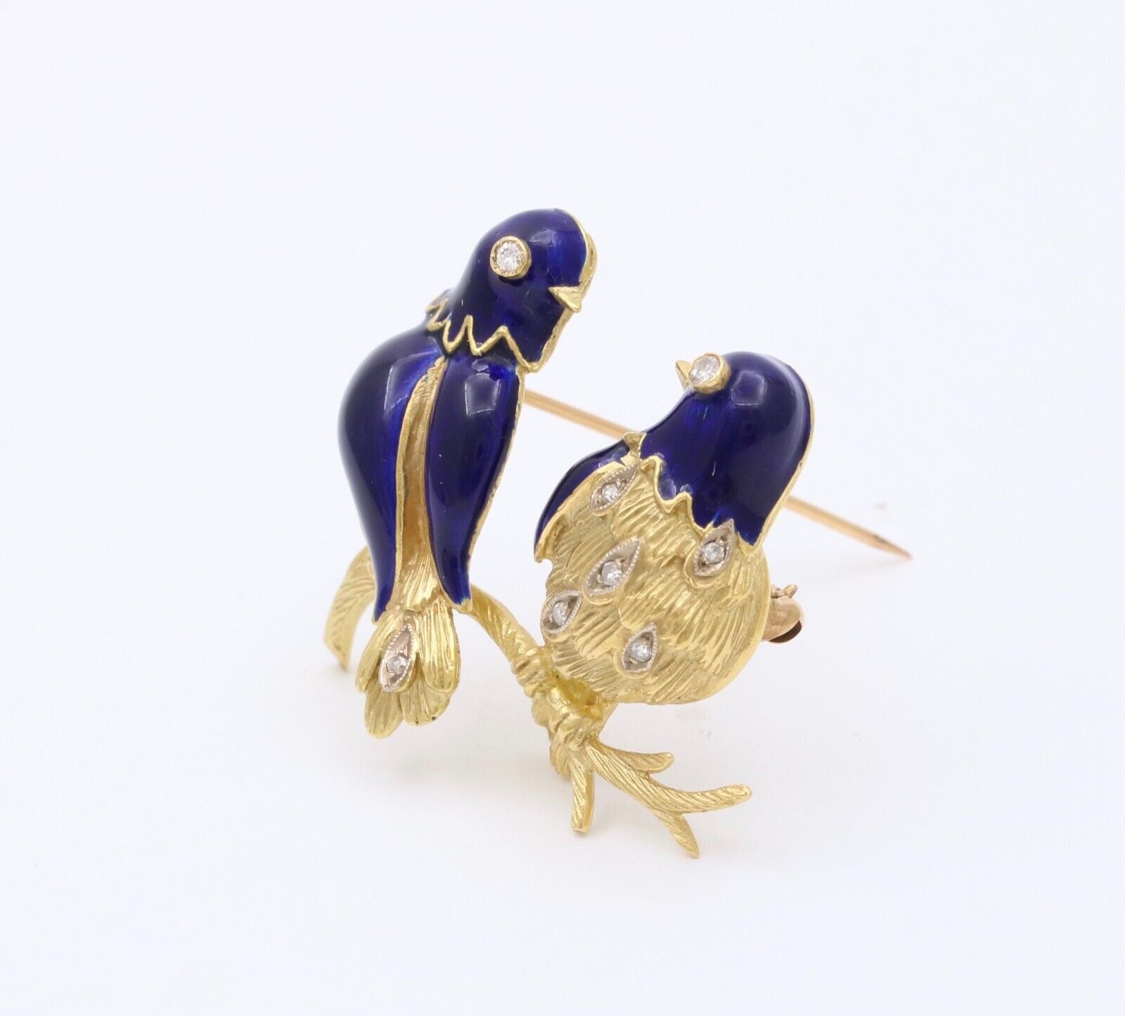 Vintage 18K Gold, Enamel, and Diamond Love Birds Brooch, Parrot Pin