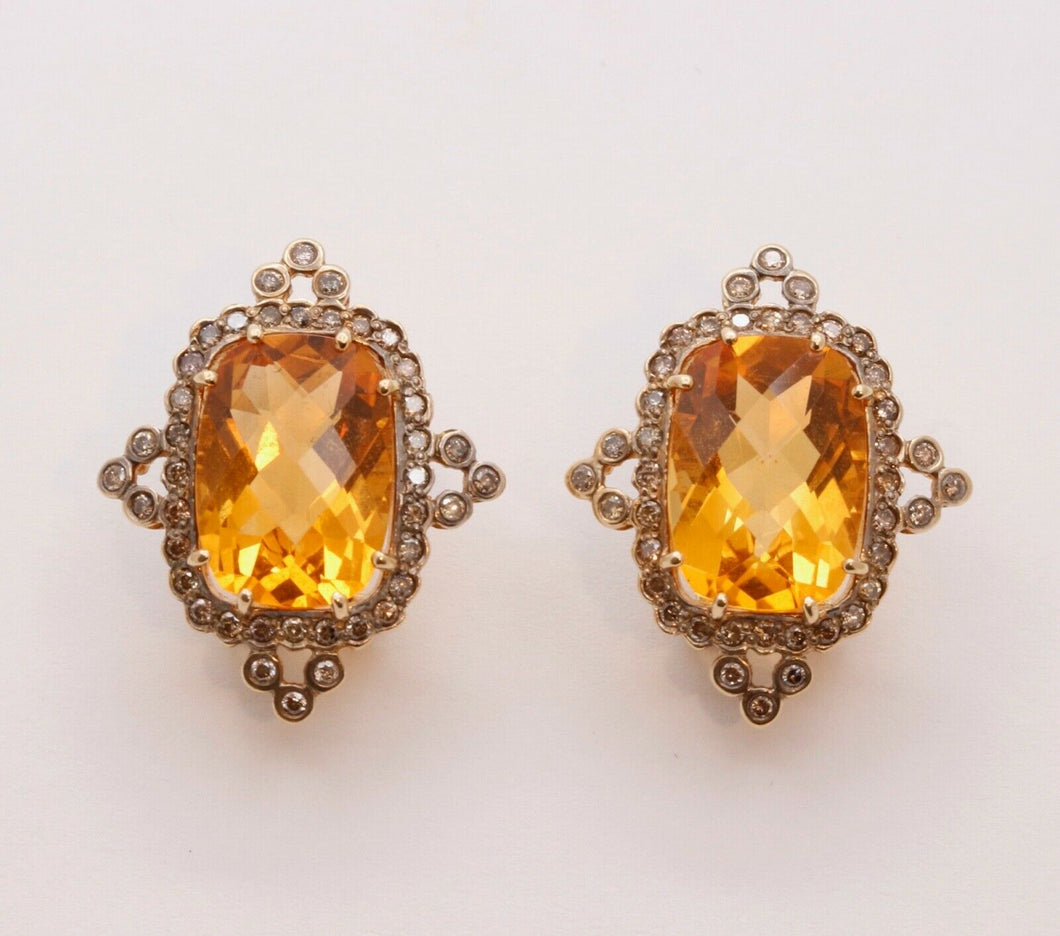 Vintage Victorian Revival Citrine Diamonds 14K Yellow White Gold Earrings