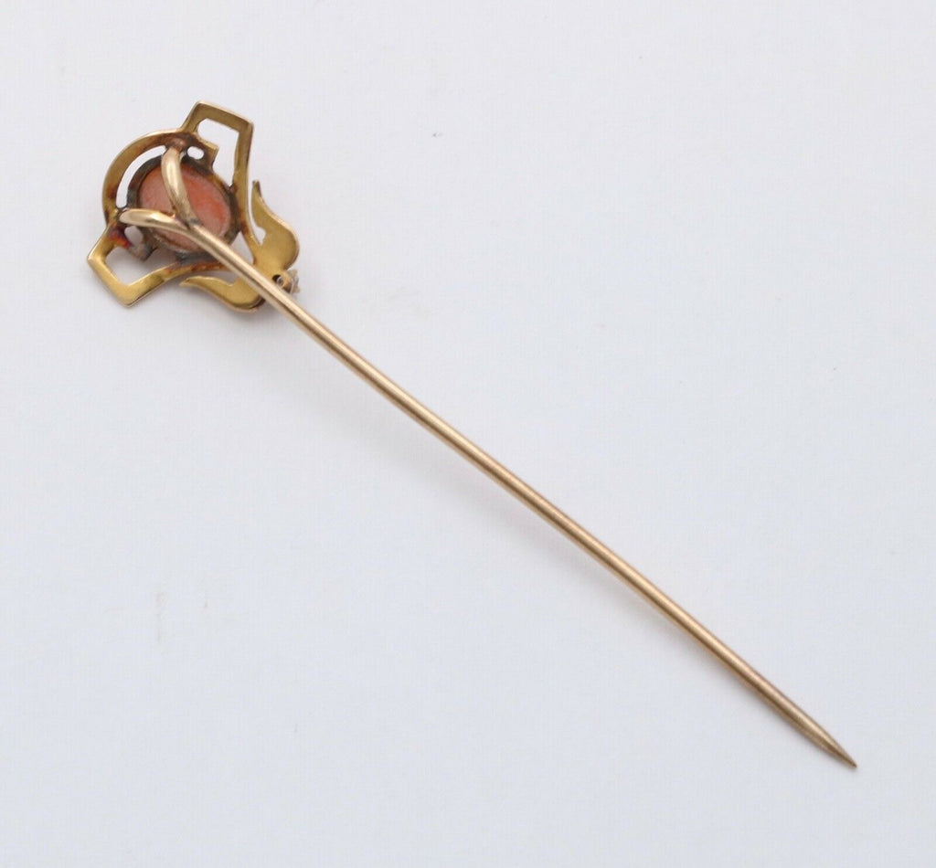 Art Nouveau Coral Diamond 14K Rose Gold Stick Pin
