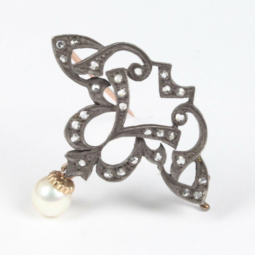 Victorian 10K Yellow Gold and Silver Diamond Pearl Brooch