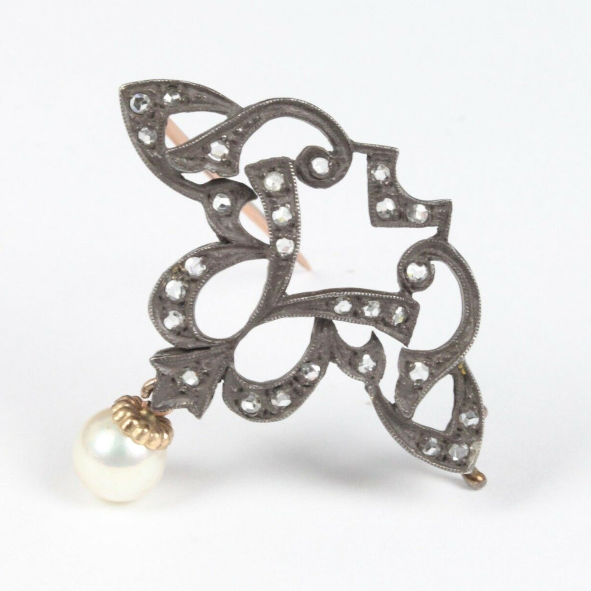 Victorian 10K Yellow Gold and Silver Diamond Pearl Brooch