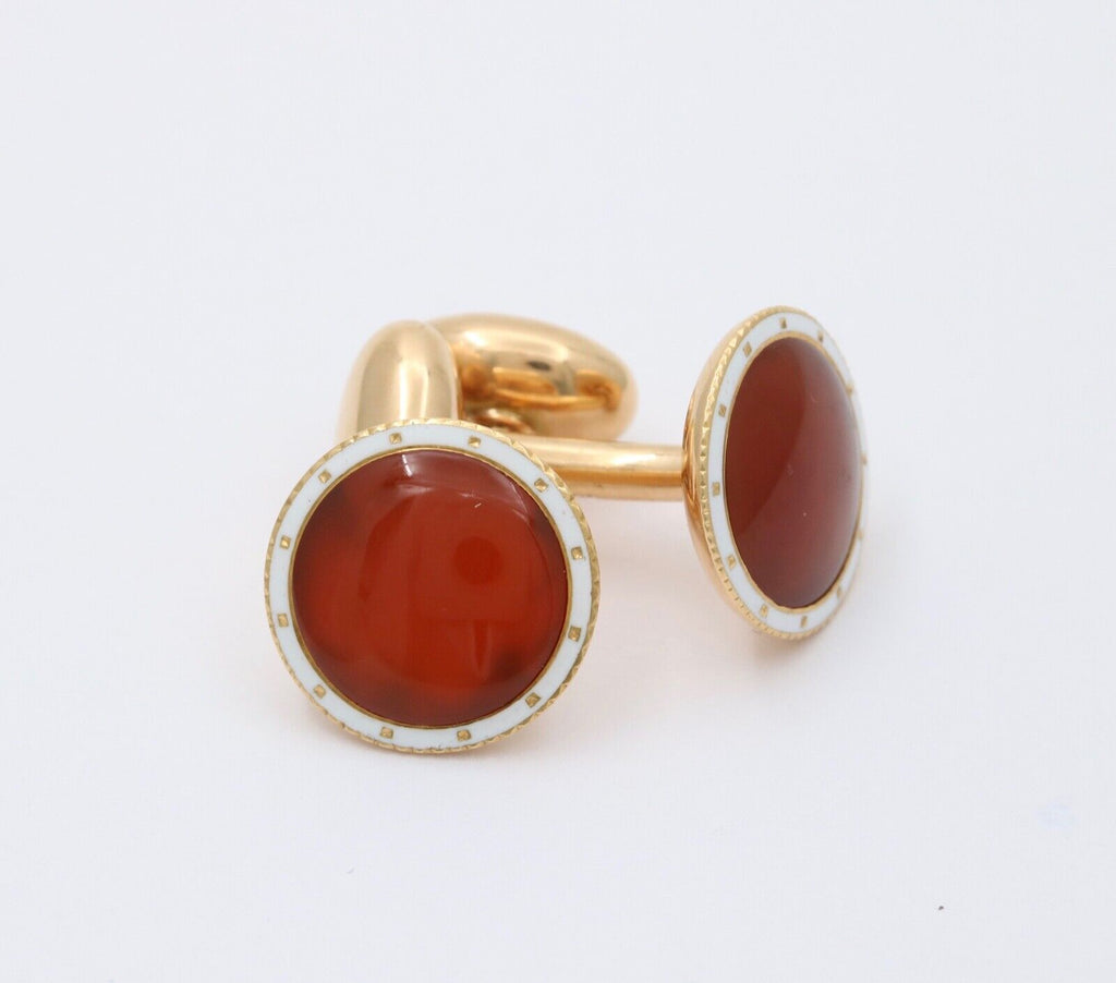 Vintage Carnelian White Enamel 14K Yellow Gold Cufflinks