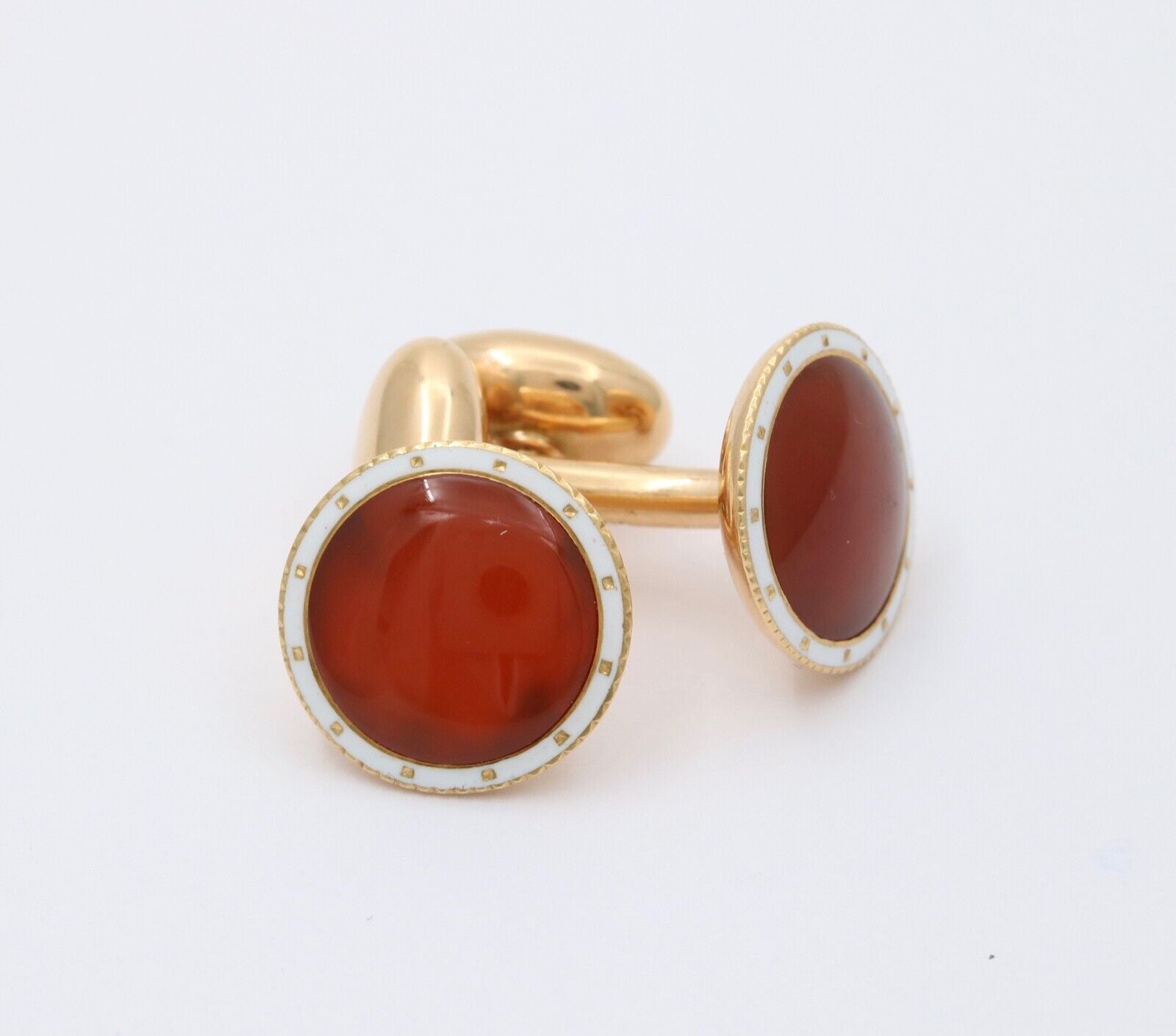 Vintage Carnelian White Enamel 14K Yellow Gold Cufflinks