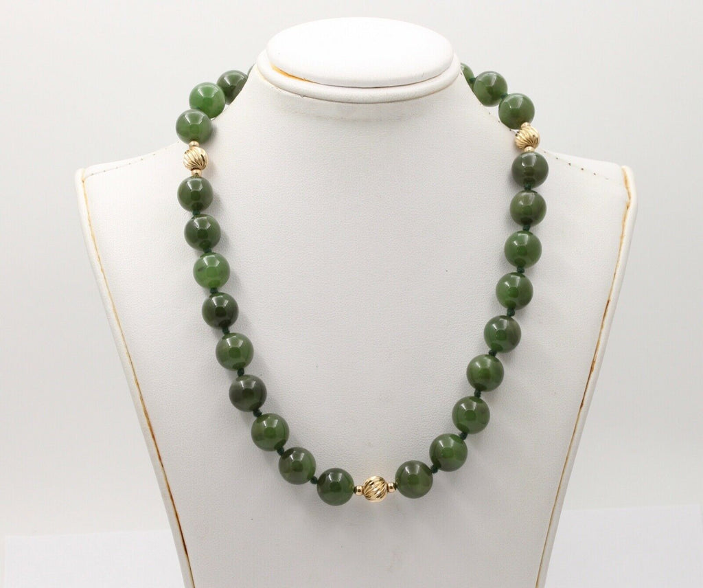 Vintage Spinach Jade Beaded 14K Yellow Gold Necklace