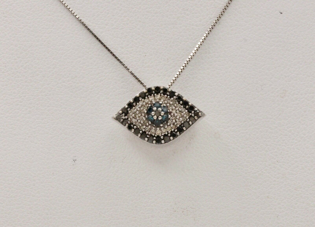 Beautiful Evil Eye Apotropaic Diamonds Sapphires 14K White Gold Pendant & Chain