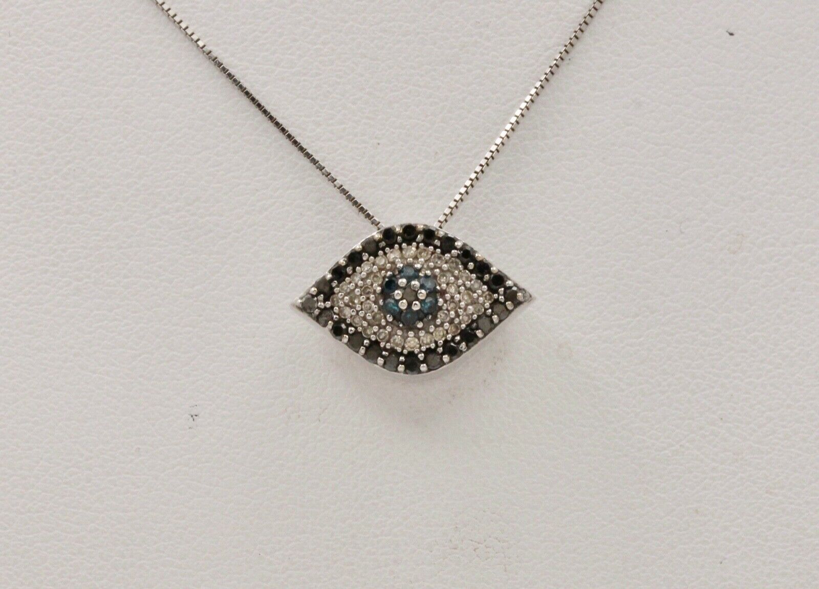 Beautiful Evil Eye Apotropaic Diamonds Sapphires 14K White Gold Pendant & Chain