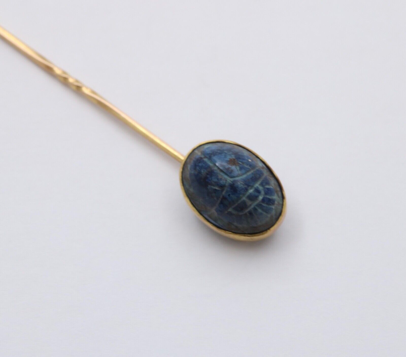 Antique 14K Yellow Gold Egyptian Revival Scarab Sodalite Stick Pin, Lapel Pin