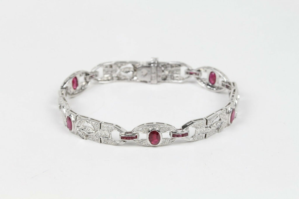 Vintage Ladies Diamonds Rubies 14K White Gold Bracelet