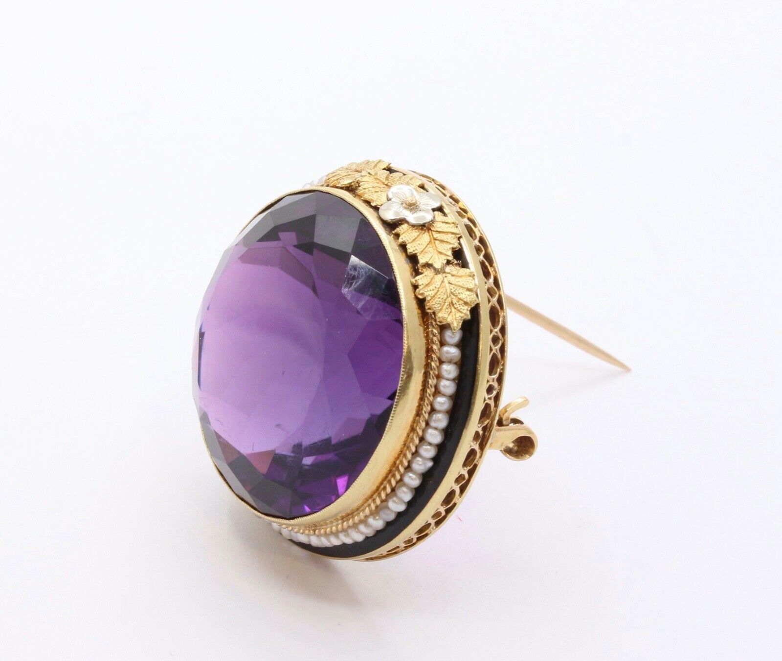 Victorian Edwardian Siberian Amethyst Pearls 14K Yellow White Gold Brooch Pin