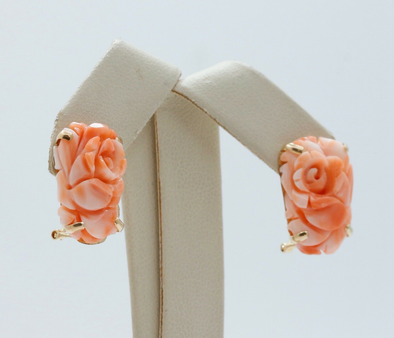Carved Coral Flower 14K Yellow Gold Earrings