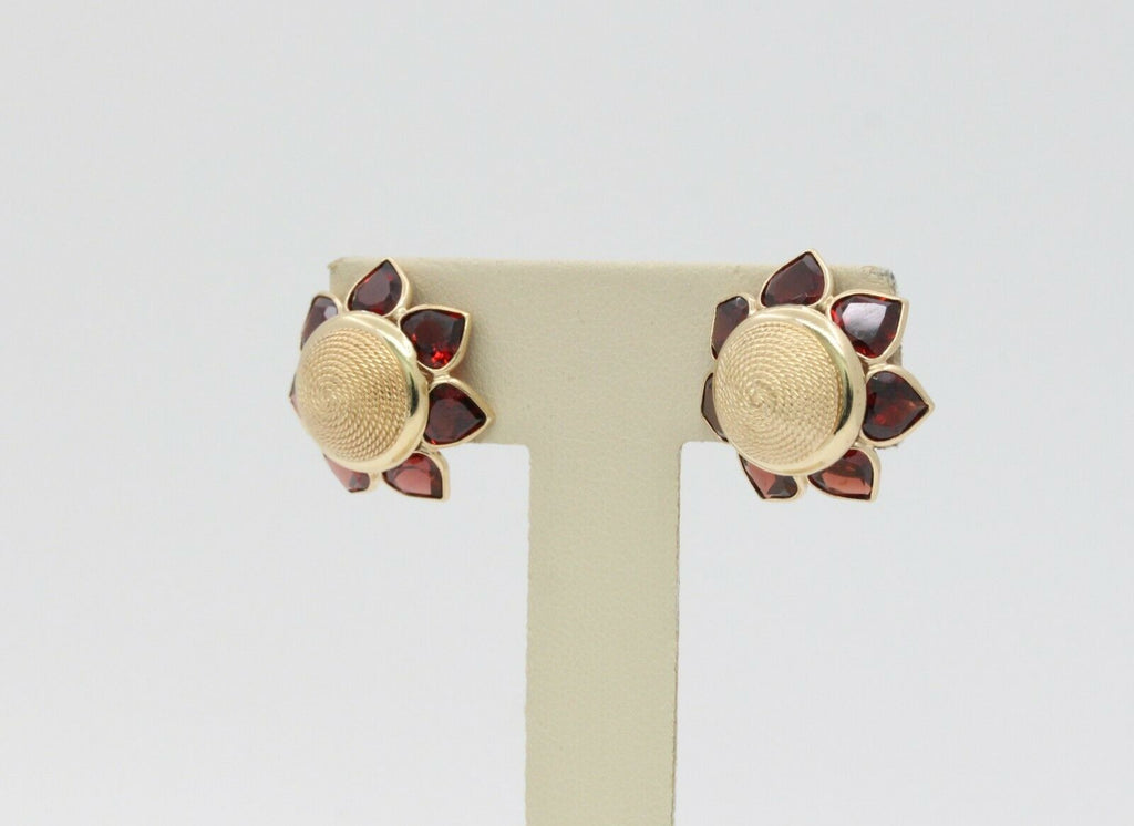 Vintage 14K Yellow Gold Garnet Sun Flower Earrings
