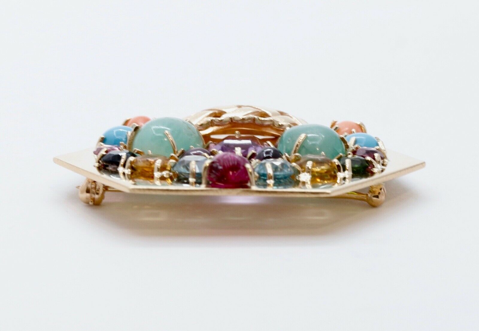 Vintage Multi Stone Flower Basket 14K Yellow Gold Brooch Pin