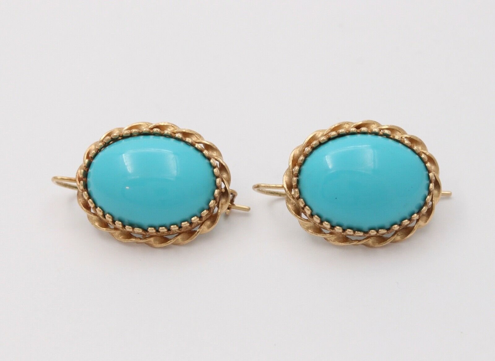Vintage Turquoise 14K Yellow Gold Frame Dangling Earrings, Estate.