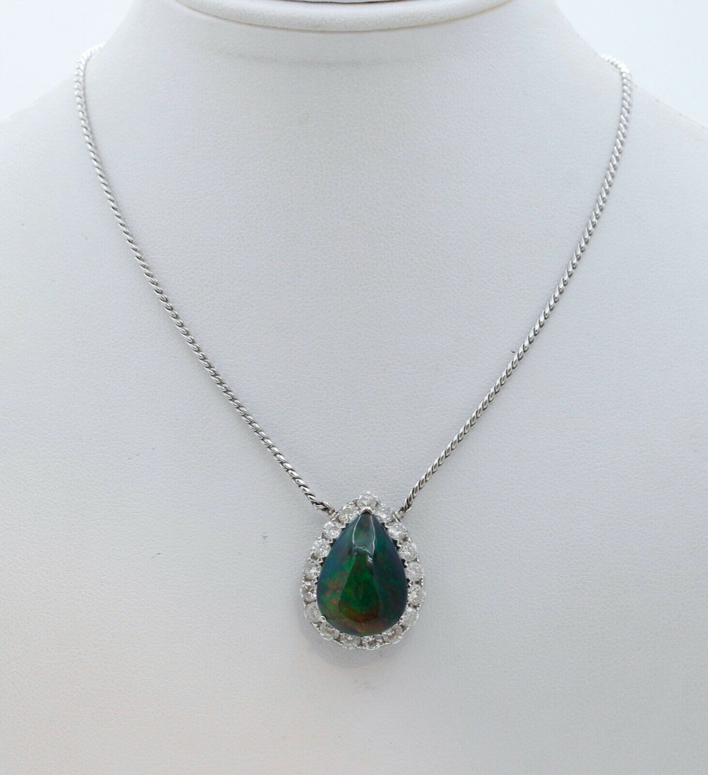 Vintage Opal Diamonds 18K 14K White Gold Pendant Chain