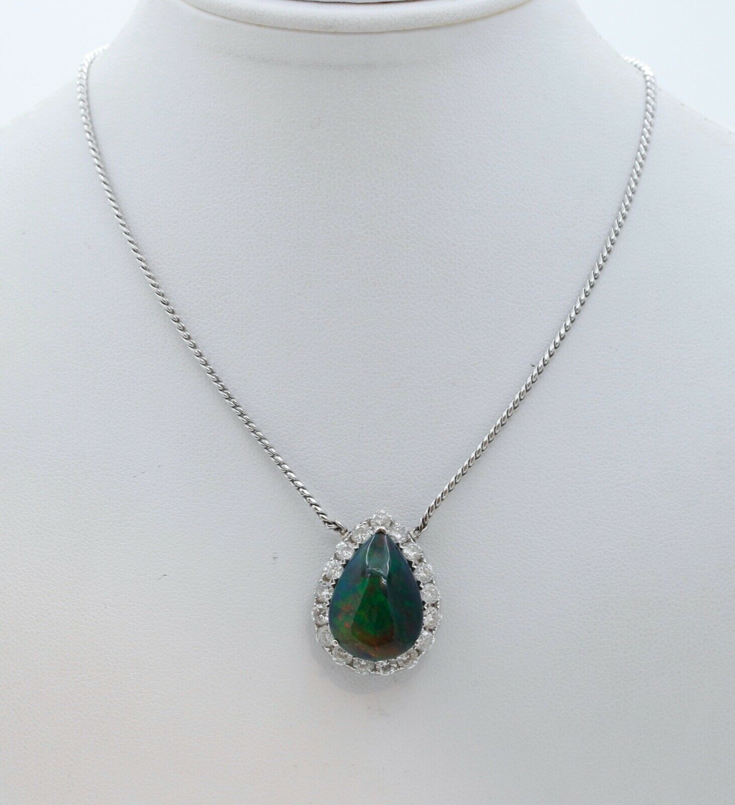 Vintage Opal Diamonds 18K 14K White Gold Pendant Chain