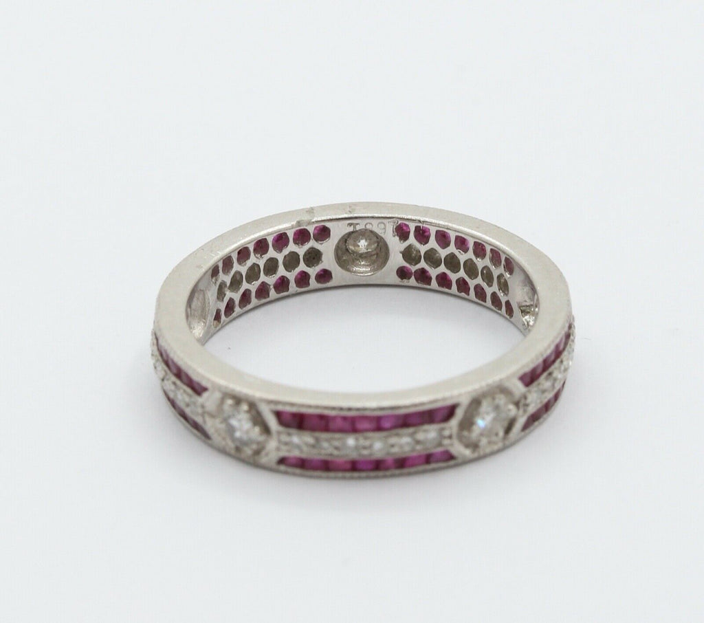Ladies 18K White Gold Diamonds Rubies Stacking Eternity Band