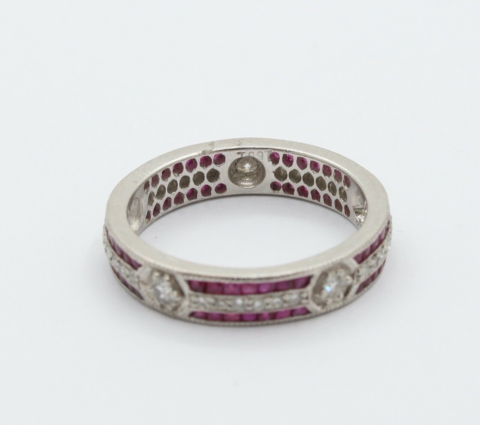 Ladies 18K White Gold Diamonds Rubies Stacking Eternity Band