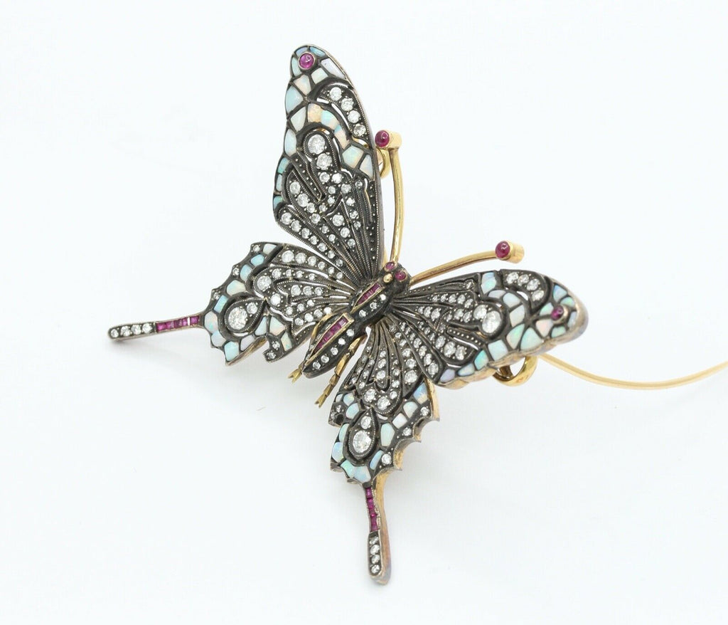 Beautiful Vintage Butterfly Brooch 14K Sterling Silver Diamonds Rubies Opals