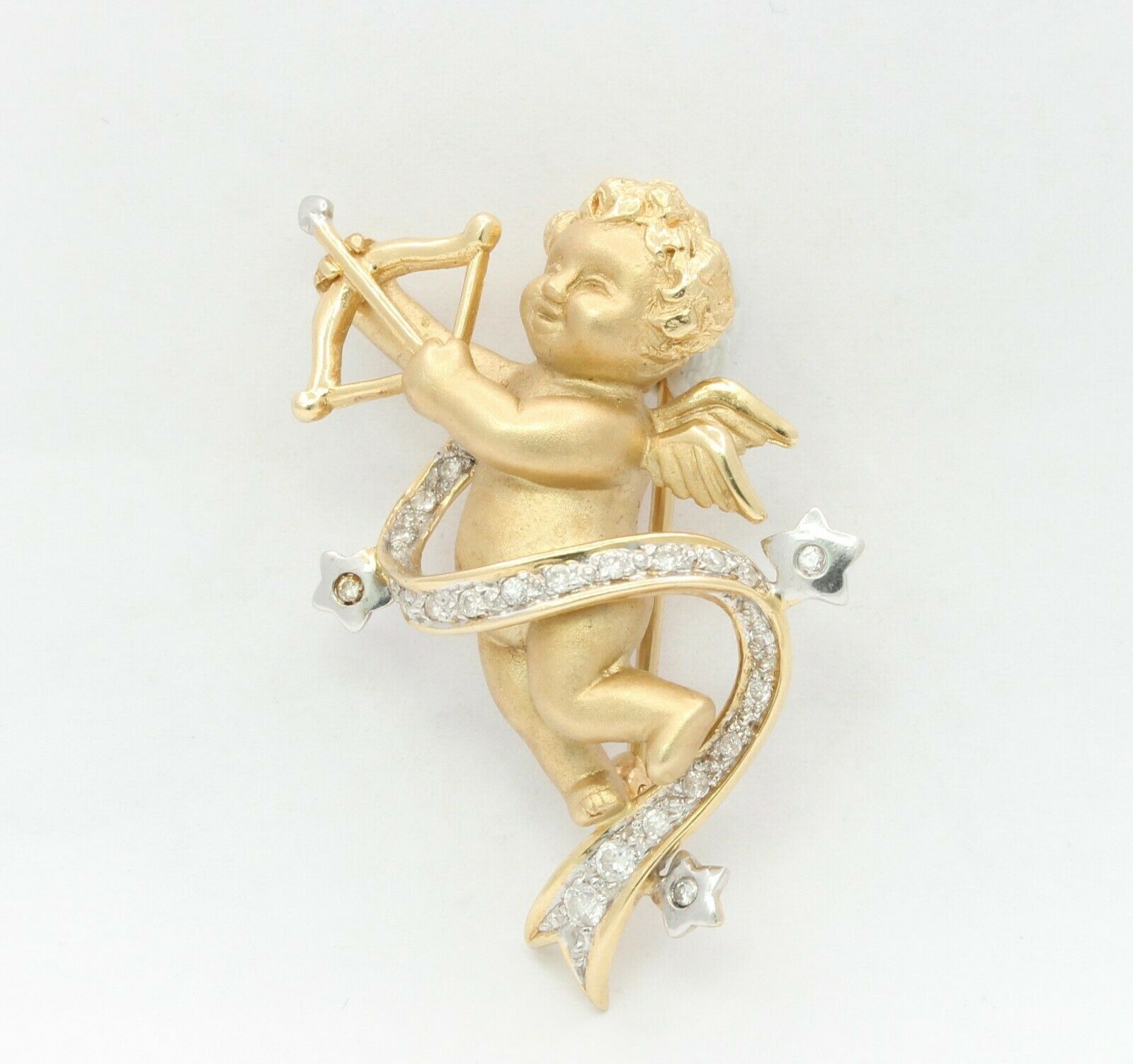 Vintage 14K Yellow Gold Diamond Cupid Brooch