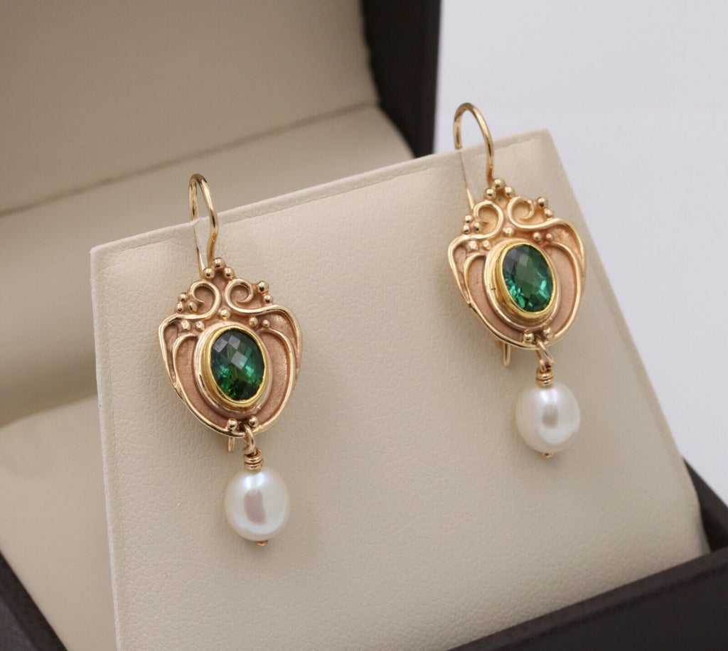 Vintage 14K Yellow Gold Green Tourmaline & Pearl Dangling Earrings