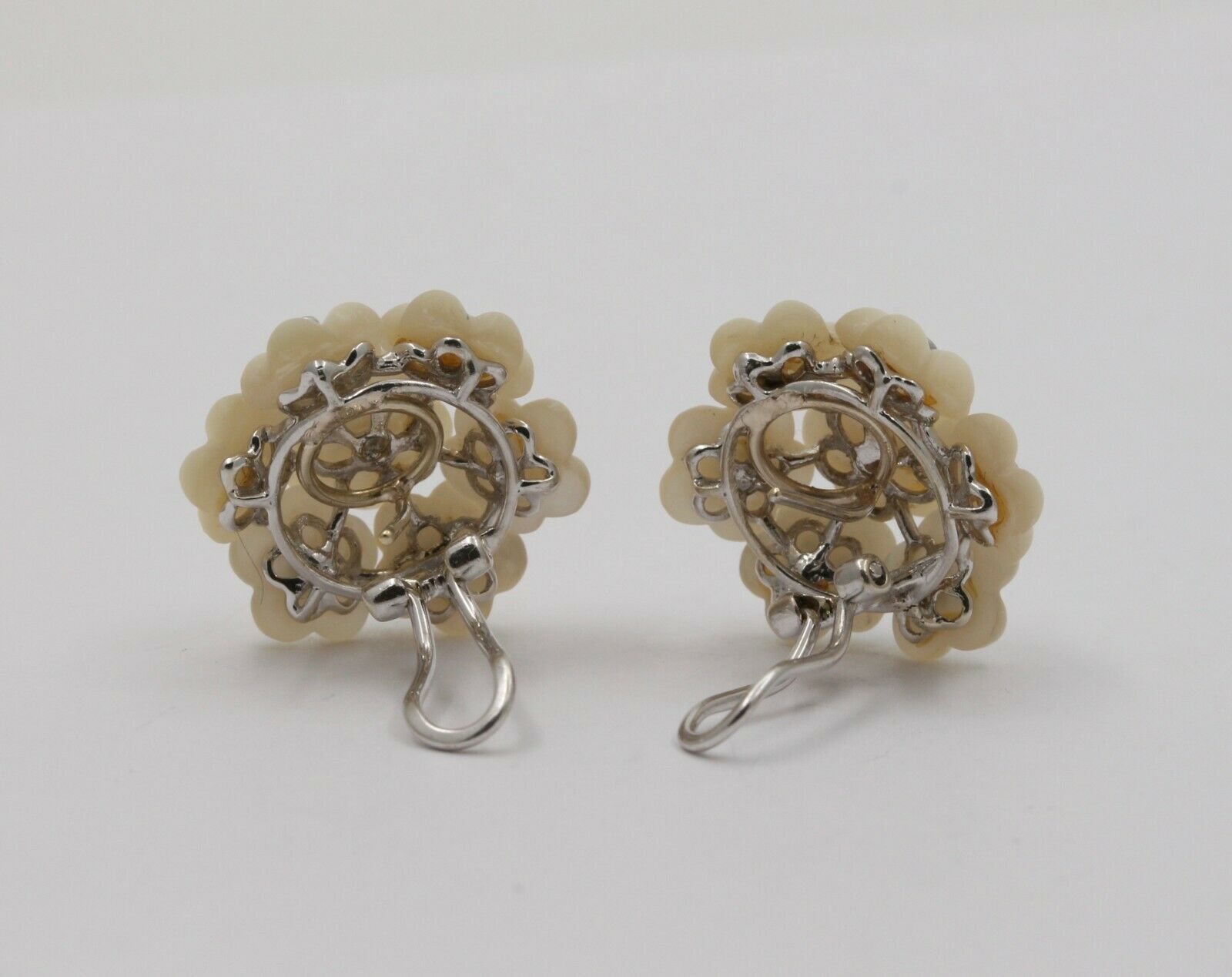 Vintage 14K White Gold Moon Stone Diamond Floral Omega Back Earrings