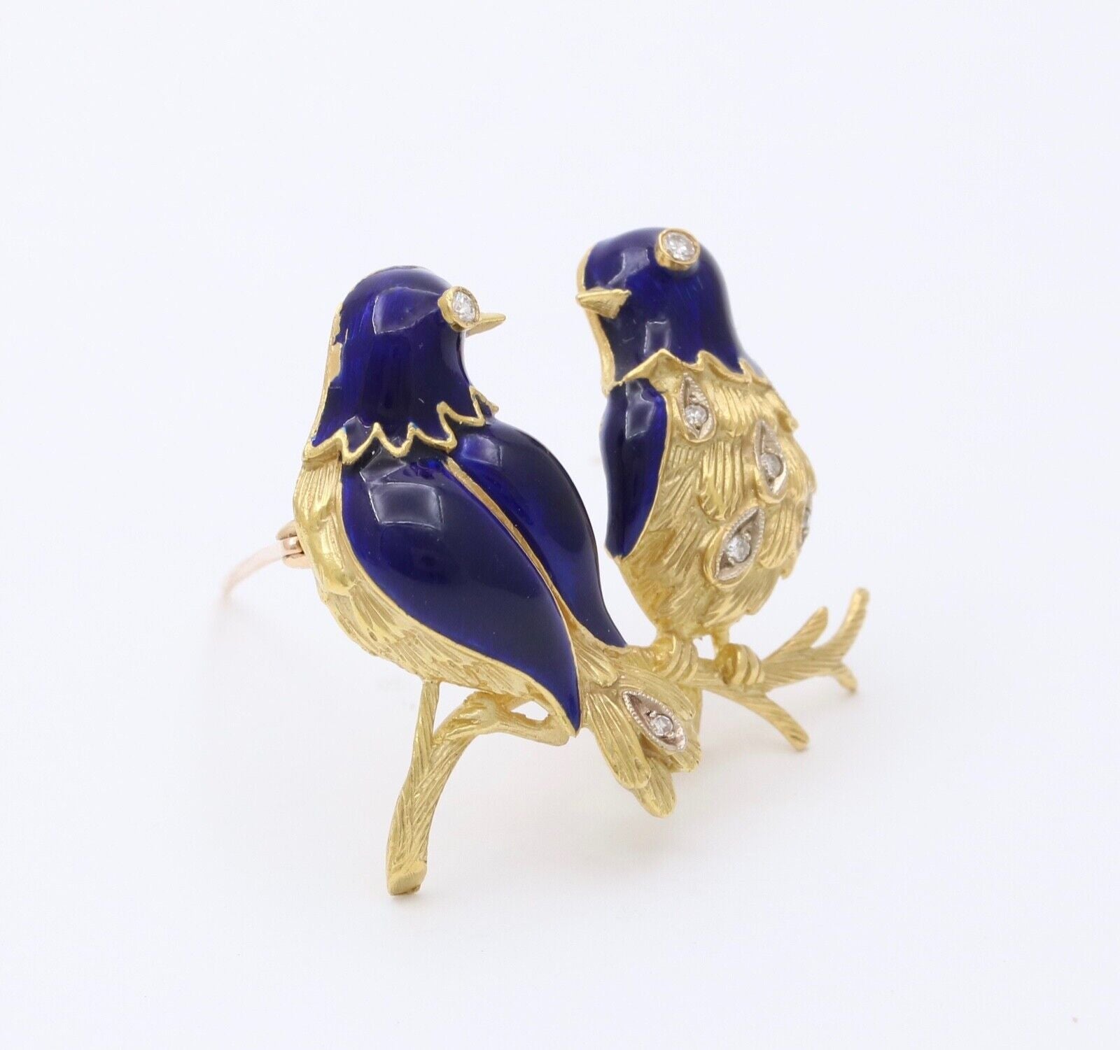 Vintage 18K Gold, Enamel, and Diamond Love Birds Brooch, Parrot Pin