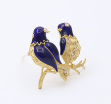 Load image into Gallery viewer, Vintage 18K Gold, Enamel, and Diamond Love Birds Brooch, Parrot Pin
