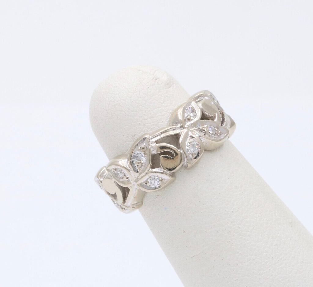 Vintage 14K White Gold Diamond Wide Ring Band.