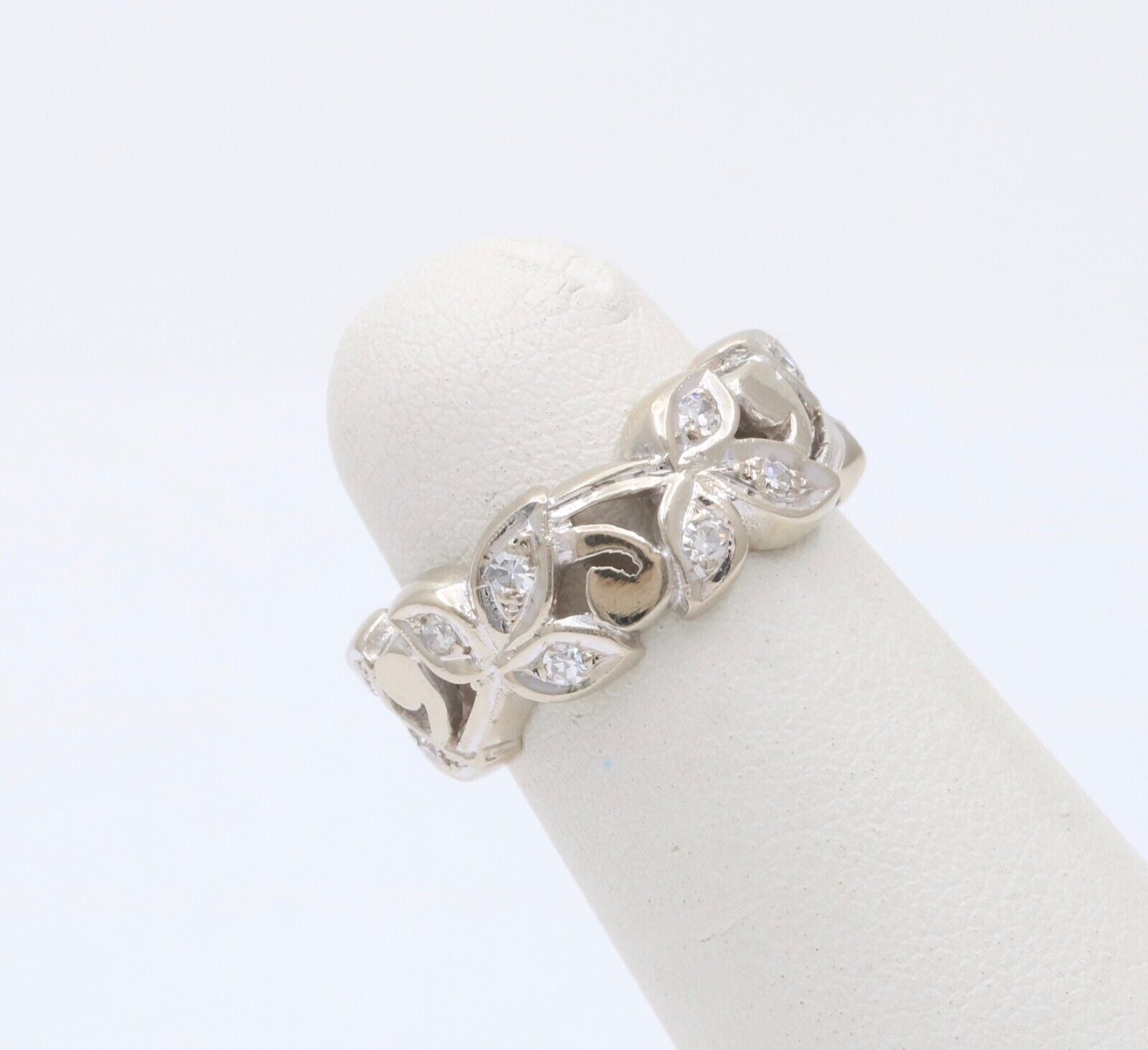 Vintage 14K White Gold Diamond Wide Ring Band.