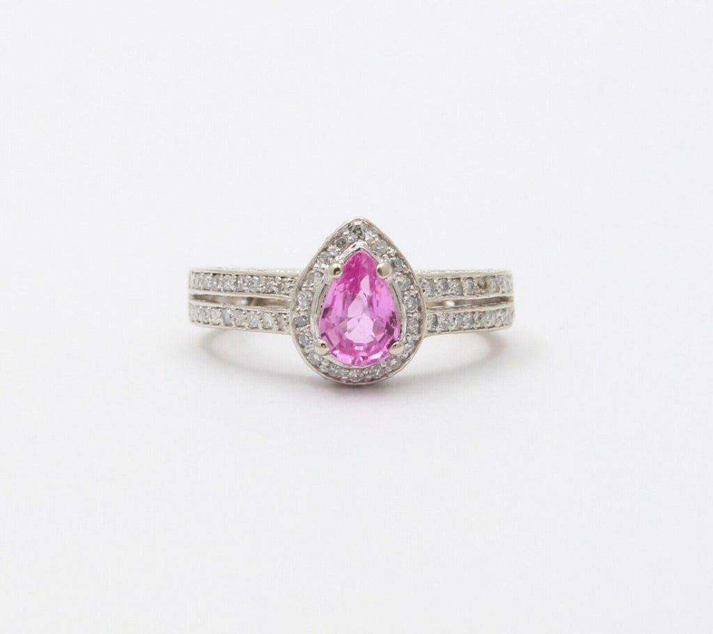 Classic 14K White Gold Pink Topaz Diamond Ring, Engagement Ring.