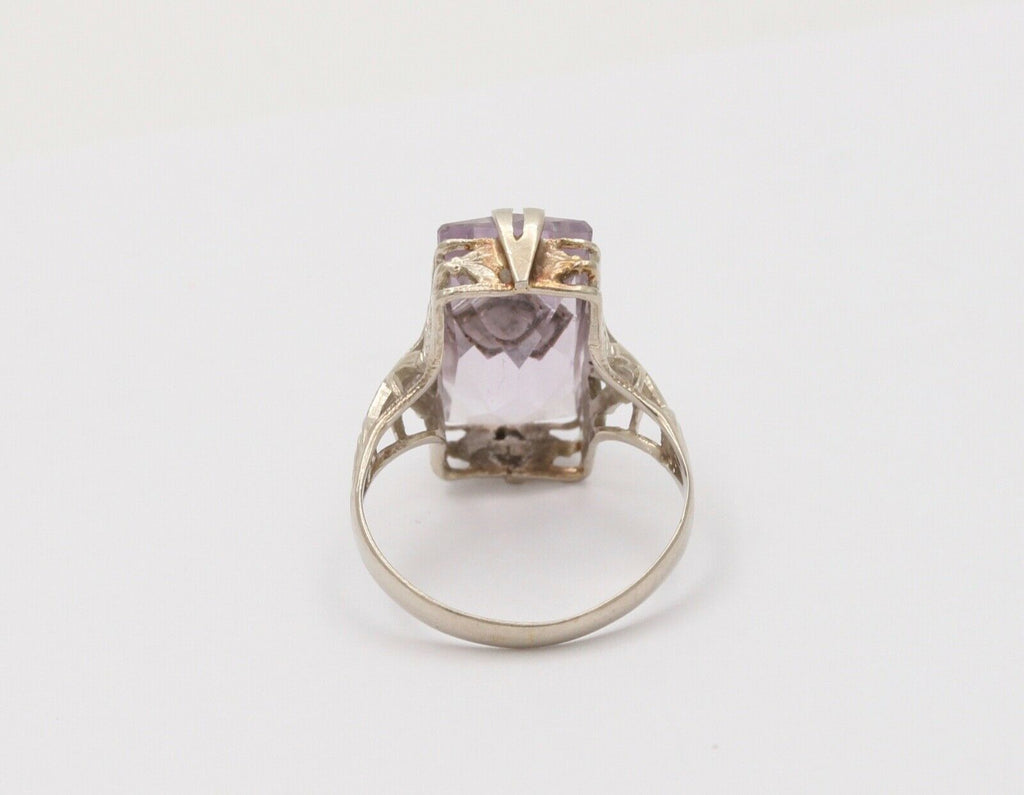 Art Deco Rose De France Amethyst Rose Cut Diamond 14K White Gold Ring