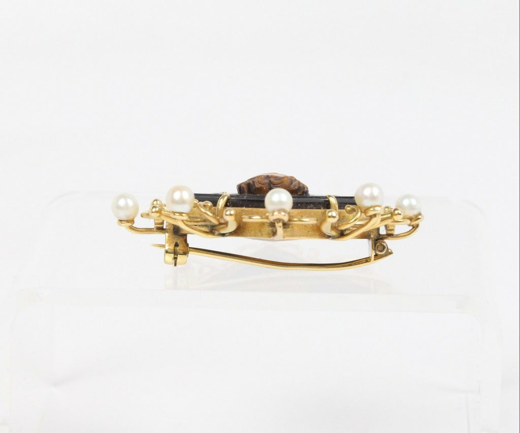 Vintage 18K Yellow Gold Tigers Eye Pearl Carving Brooch