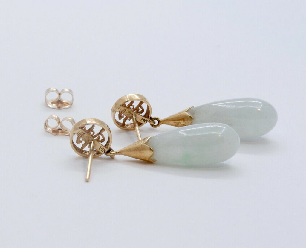 Vintage Ladies 14K Yellow Gold Jade Long Life Teardrop Earrings