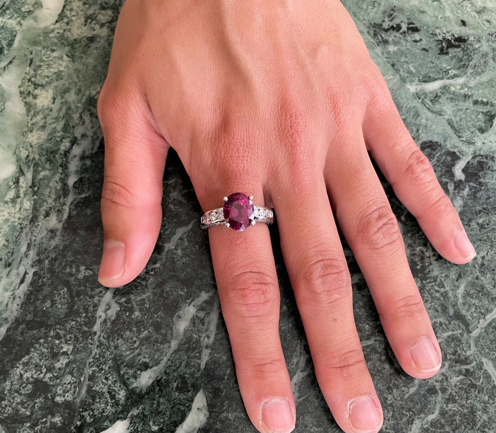 Large Cocktail Rhodolite Garnet Diamonds 14K White Gold Ring