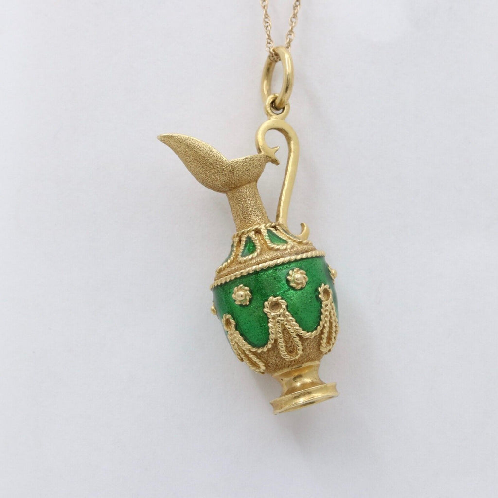 Vintage 18K yellow Gold Green Enamel European Jug Pitcher Charm Pendant.