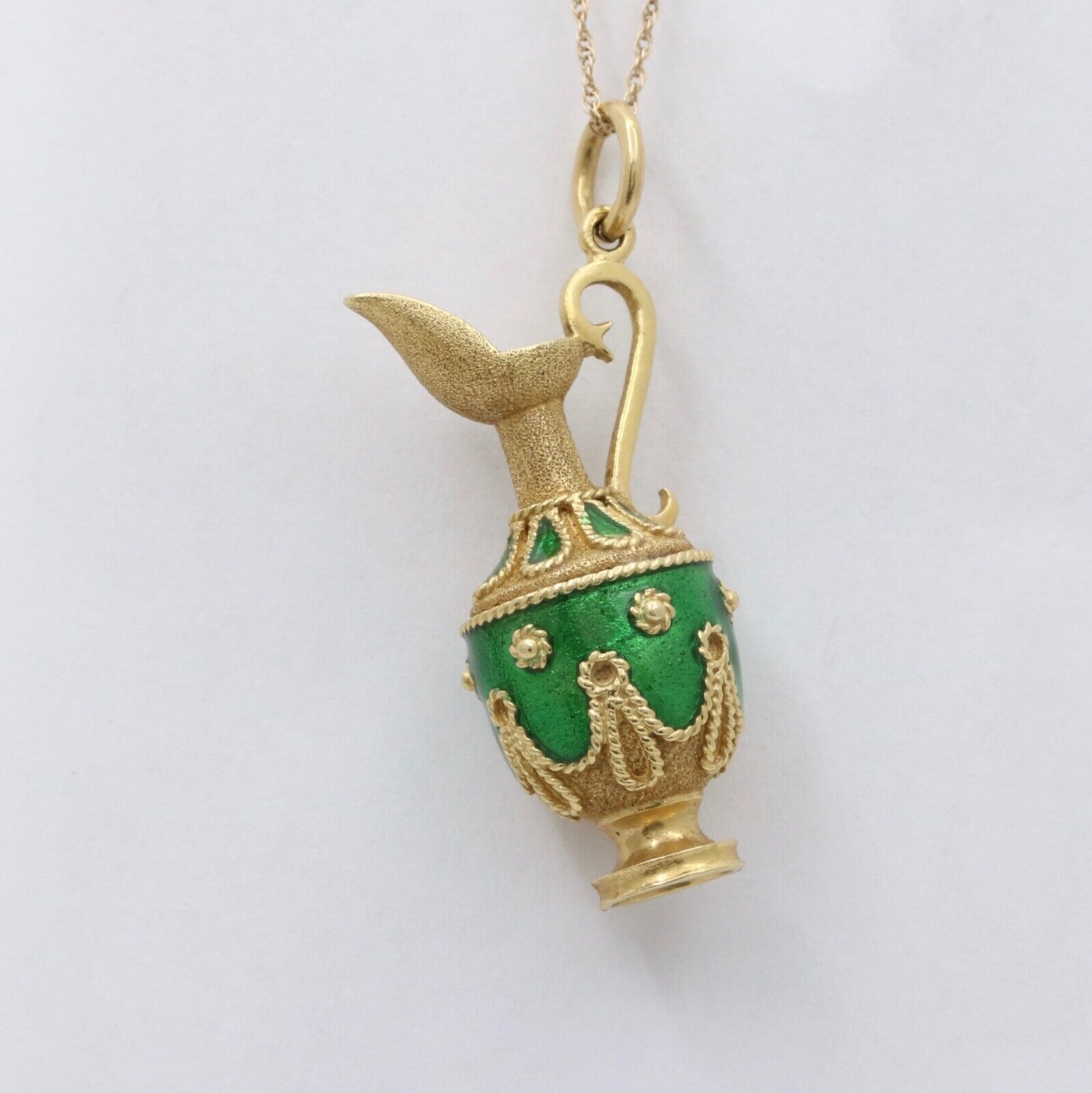 Vintage 18K yellow Gold Green Enamel European Jug Pitcher Charm Pendant.