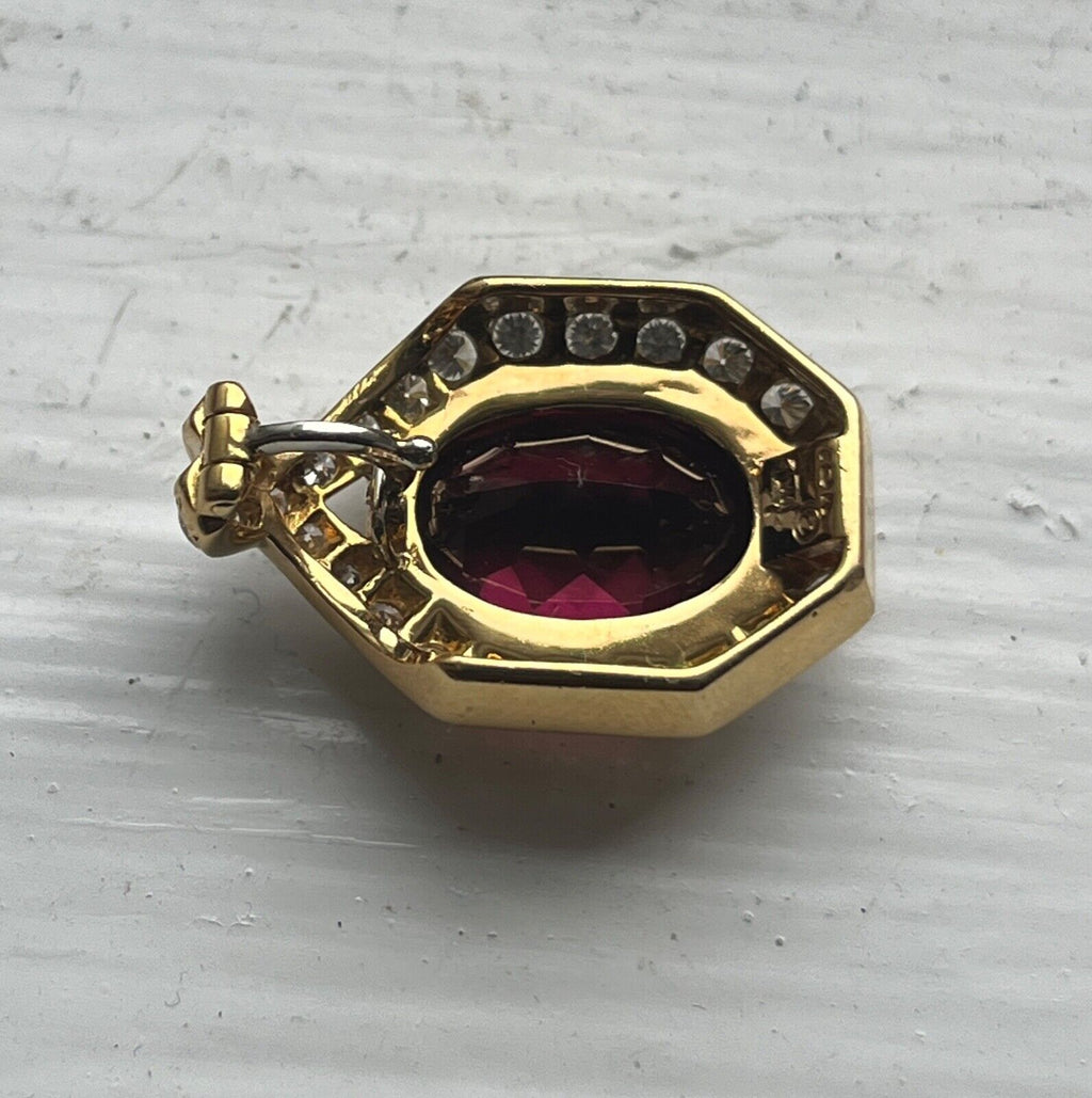 Vintage 18K Yellow Gold Rubellite Tourmaline Diamond Pendant Necklace.
