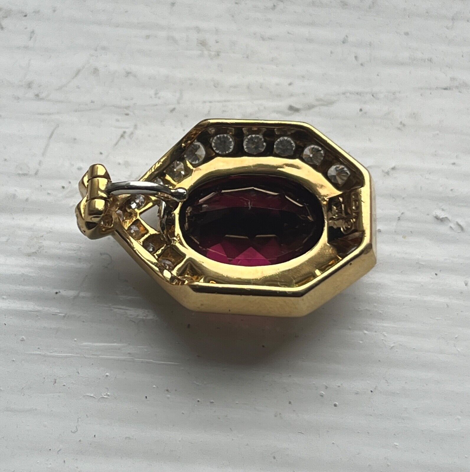 Vintage 18K Yellow Gold Rubellite Tourmaline Diamond Pendant Necklace.