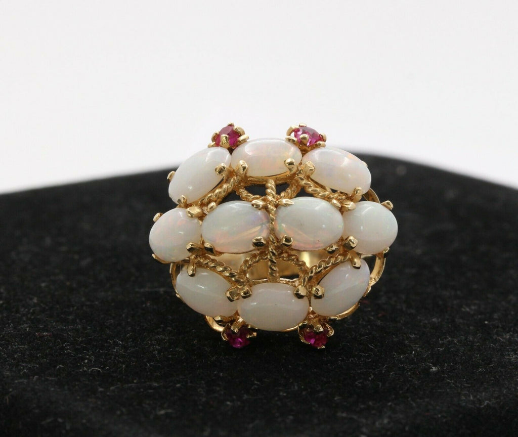 Vintage 14K Yellow Gold Opal Cluster Ruby Ring