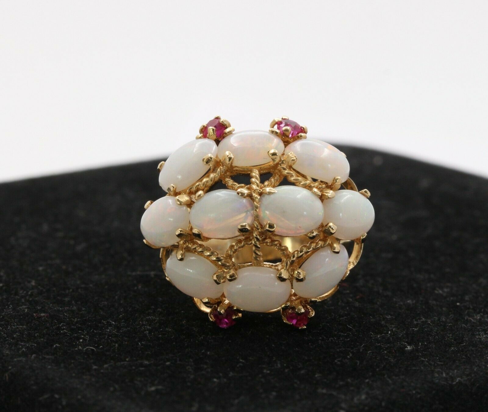Vintage 14K Yellow Gold Opal Cluster Ruby Ring