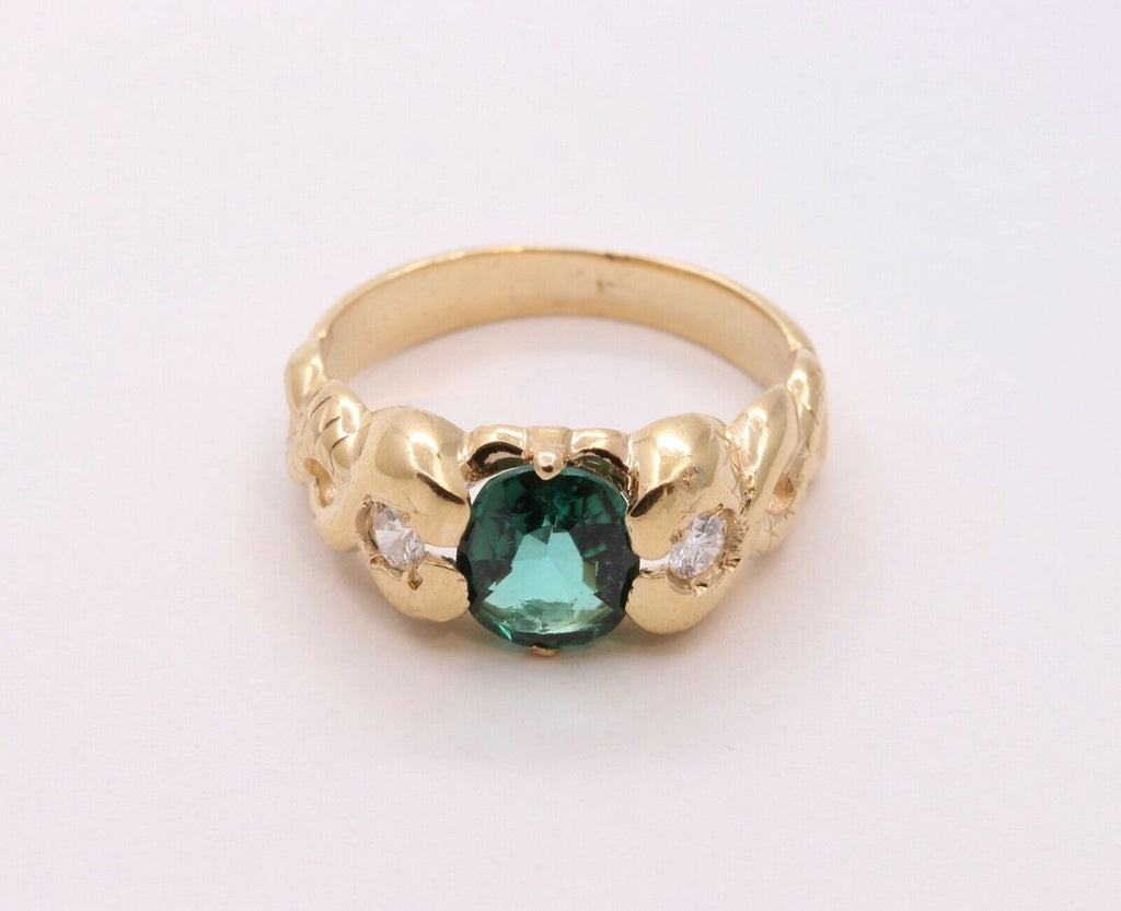 Pretty Vintage Green Tourmaline Diamonds 14K Yellow Gold Ring