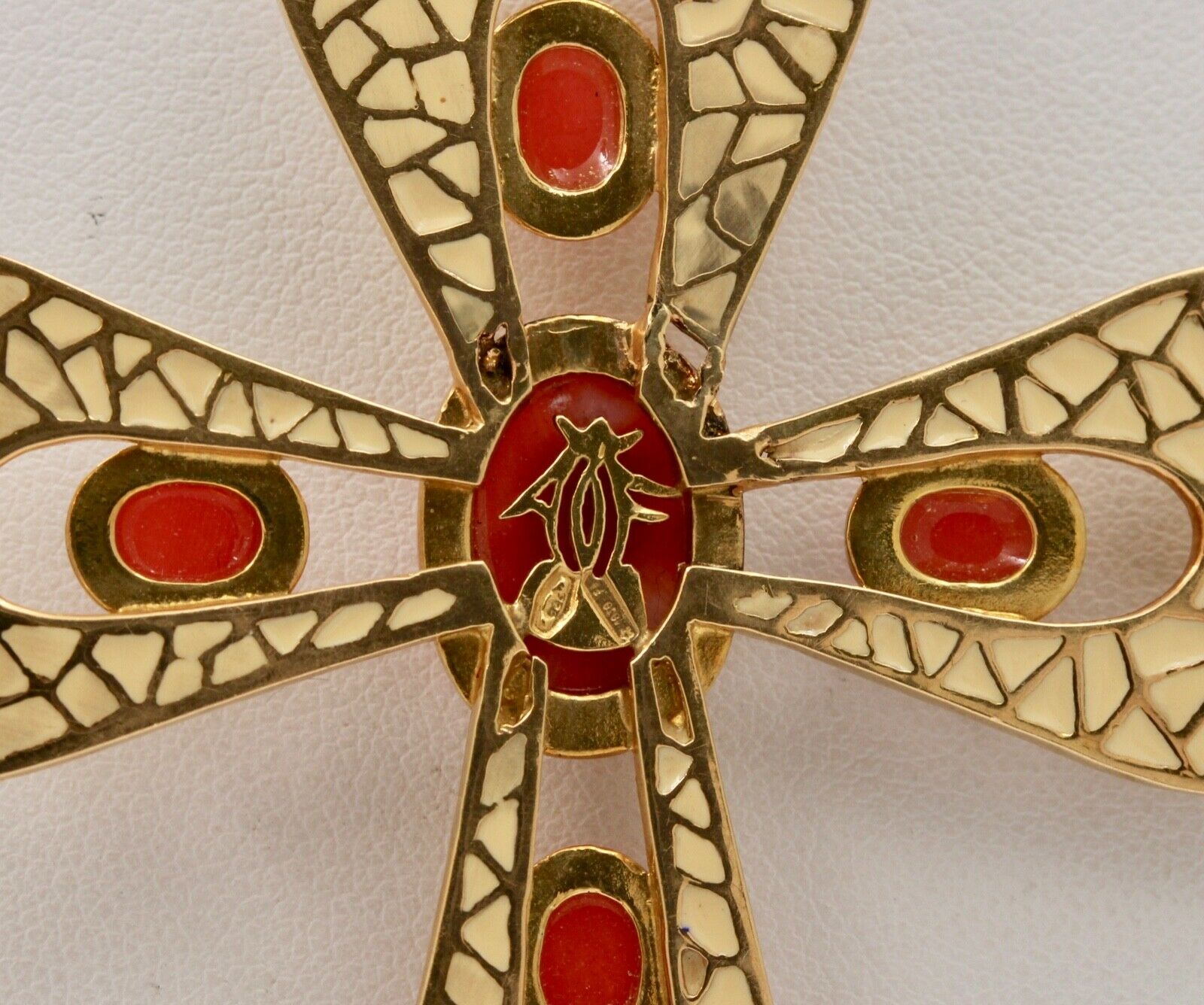 Vintage Italian Large 18K Yellow Gold Coral White Enamel Cross Pendant, Necklace