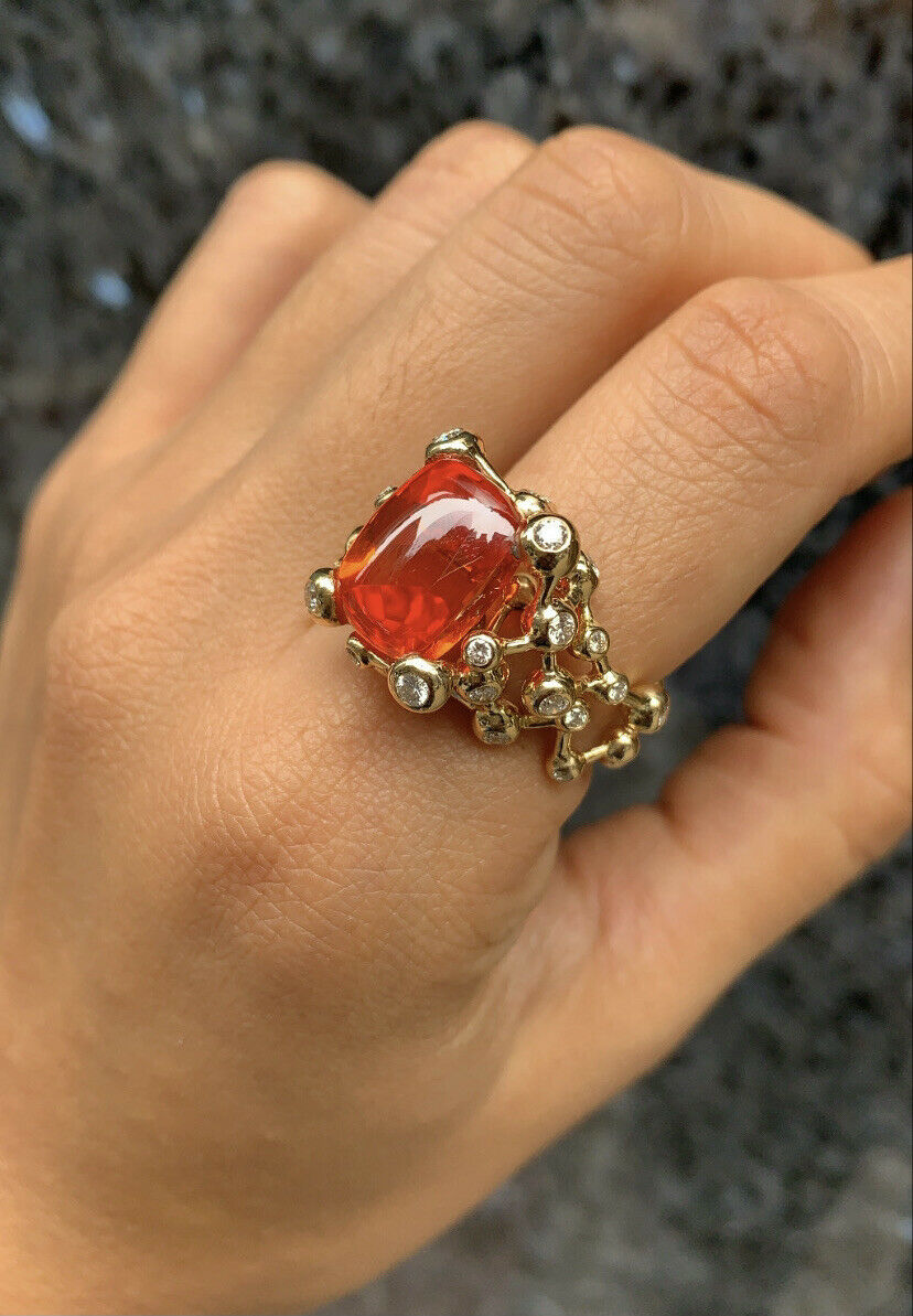 Vintage French Constellation Structure Fire Opal Diamond Ring, Statement Ring.