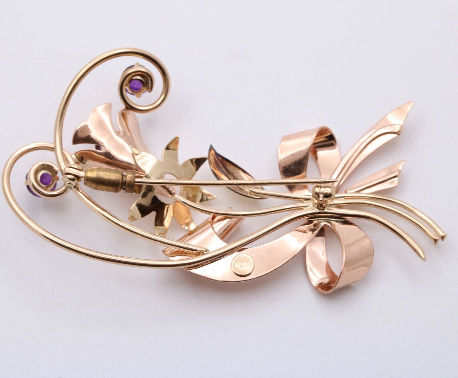 Vintage 10K Rose & Yellow Gold Amethyst Flower Bouquet Brooch Pin
